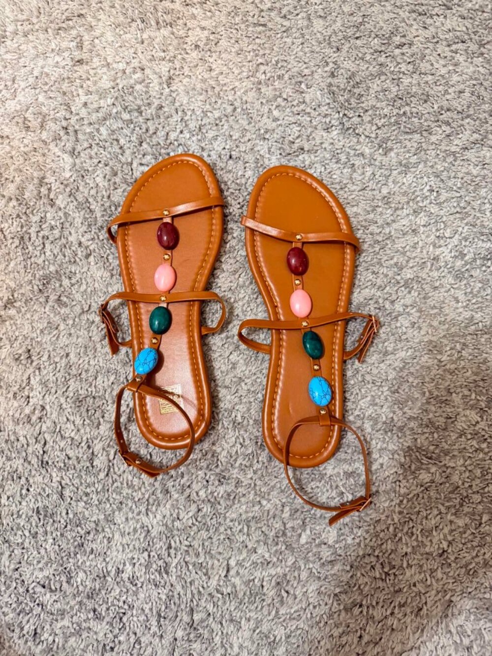 Women's Brown Sandals with Colorful Stone Accents & Gold Trim Size 7